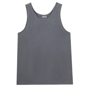 Men gray hollow knit tank top detail, breathable mesh fabric, collar label close up view.