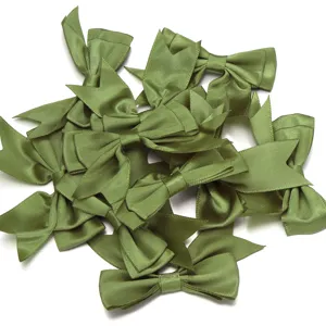 Olive green satin ribbon bows detail, double layer swallowtail bows for DIY gift packaging.