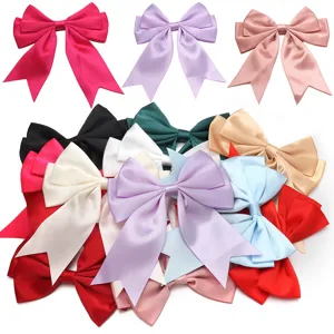 Satin bow detail shot showing various colorful double-layer ribbon hair clips and DIY accessories.