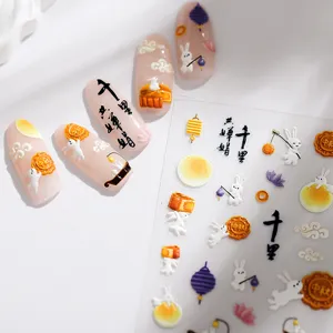Wunderschöne 3D Mid-Autumn Nagelaufkleber mit Hasen, Mondkuchen und traditioneller Kalligrafie.