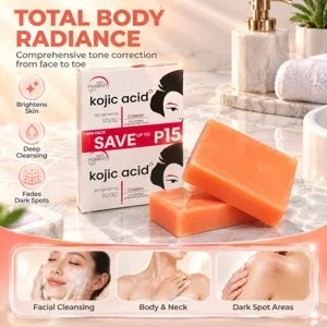 Kojic acid soap detail view showing bright soap bars, packaging box, and skincare benefits.