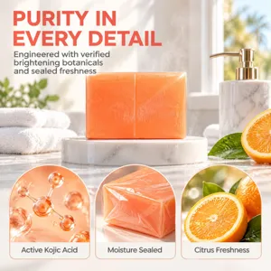 Premium kojic acid soap bar with bright orange formula, packaged neatly for skincare routine.