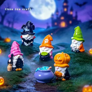 Set di statuette di gnomi di Halloween, bambole di streghe e zucche in resina per decorazioni.