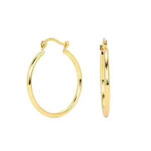 Classic smooth round tube hoop earrings in sterling silver, detailed view of clasp and profile.
