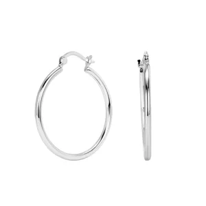 Sterling silver hoop earrings detail view showcasing classic polished round design and clasp.