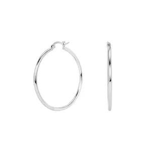 Silver hoop earrings detail view, classic plain round tube design with secure clasp.