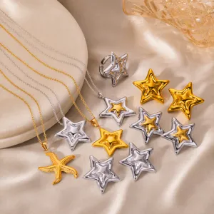 Stainless Steel Star Sea Star Jewelry Set Gold Silver Two-tone 3D Layered Pendant Necklace Stud Earrings Open Ring For Women