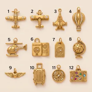 Charms de voyage en acier inoxydable doré 18K pendentif bricolage avion valise 12pcs