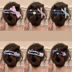 Cloth hair clip alternative to claw clips, stylish bun maker with cute bow and button decor.