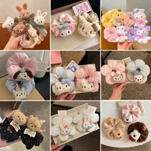 Cute plush cartoon hair scrunchies set, soft fuzzy hair ties for women and girls daily wear.