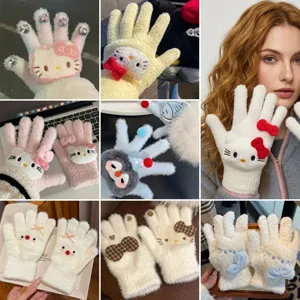 Cute cartoon Hello Kitty plush knit gloves winter warm fingerless gloves for women daily wear