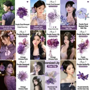 Purple floral hair clip detail showing various elegant styles and vibrant petal textures.