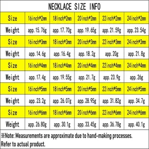 Tabla de tallas para collar de tenis de moissanita para hombre con especificaciones detalladas.