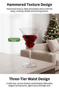 Hammered glass texture and three-tier waist design, perfect detail shot for cocktails and drinks.
