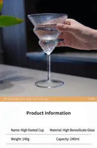Detail view of textured clear glass goblet, elegant geometric design for cocktails and desserts.
