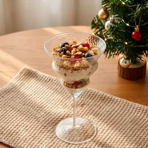 Clear lead-free glass high-stem dessert cup, ideal for yogurt, cocktails, and cold drinks.