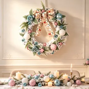 Couronne De Noël Flocage PE PVC Guirlande De Pin Artificielle Avec Boules Rose Bleu Nœud En Lin Gnome Décoration De Porte
