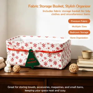 Christmas fabric storage basket with red snowflake print and cute tree tag for home.