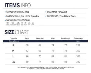 Detailed size chart and product specifications for women yoga athletic dress and jumpsuit item.