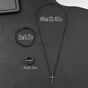 Detailed showcase of black cross necklace, matching chain bracelet and ring set with size info.