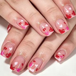 Short Square Glossy Press On Nails Heart Pattern Fake Nails With Adhesive Tabs Valentine's Day Manicure DIY For Women