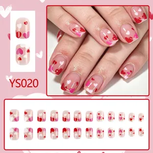 Short square glossy press-on nails with romantic red heart patterns for Valentine Day.