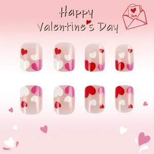 Short glossy square press-on nails with cute red and white heart patterns for Valentine Day.
