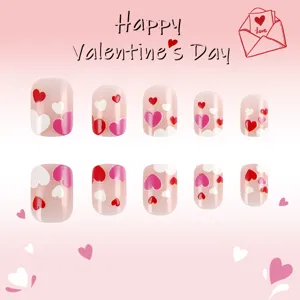 Valentine heart press on nails detail view, short square glossy finish fake nail set.