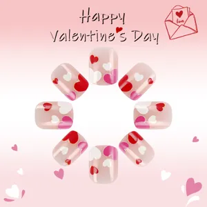 Short glossy square press-on nails detail view, Valentine's love heart design for women.