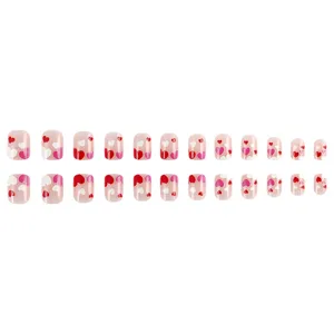 Short glossy square press-on nails with cute heart patterns for Valentine art 24pcs