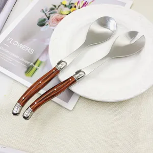 Edelstahl Salatbesteck Set mit Holzgriff Spagettigabel und Löffel für Küche und Tisch