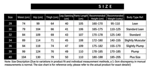 Size chart for men's loose straight fit non-stretch denim jeans with detailed measurements.