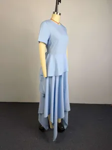 Light blue irregular short sleeve midi dress high waist sweet style elegant apparel