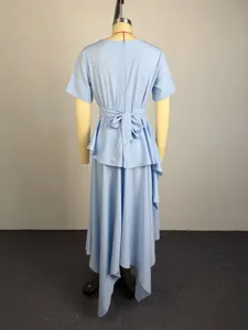 Light blue irregular dress, round neck, short sleeve, high waist with tie, elegant long skirt.