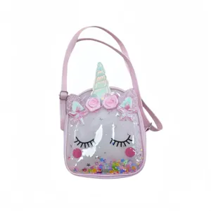 Close-up detail of the pink kids unicorn crossbody bag featuring transparent TPU front and sequins.