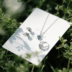 Silber Moosachat Herz Halskette Ohrringe Ring Set, elegante Natur Schmuck Geschenke.