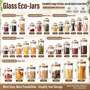 Glass storage jar size chart featuring multiple calibers and capacities for kitchen food organization.