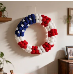American flag pom pom wreath for Independence Day patriotic home wall hanging decor detail