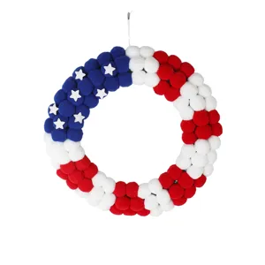 American independence day pom pom wreath red white blue felt hanging decoration for home wall
