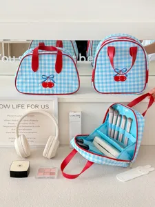 Blue checkered cherry makeup bag with large capacity, portable cosmetic organizer for travel.