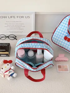 Blue plaid cosmetic bag with red trim and cherry embroidery, large capacity travel storage pouch.