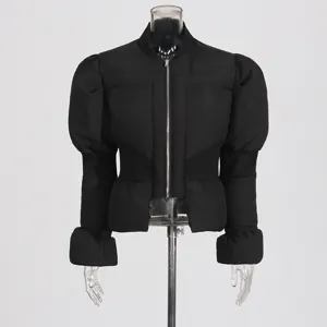 Detail view of the black puff sleeve slim fit winter cotton coat, featuring metal zipper.