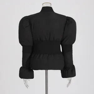 Stylish black quilted puffer coat with chic trumpet sleeves and slim waist for women.