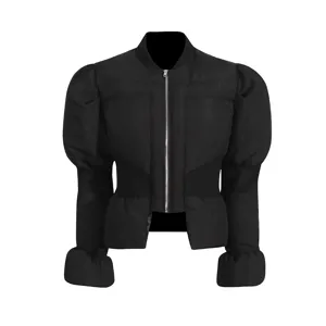 Detail view of women's black padded jacket featuring stylish puff sleeves and silver zipper.