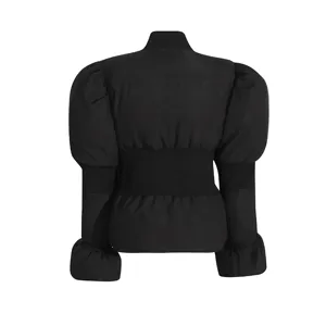 Black puff sleeve padded jacket for women, stylish winter slim-fit warm cotton coat outerwear.