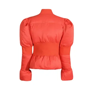 Red puffer jacket women winter slim fit puff sleeve cropped coat solid color outerwear