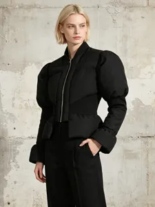 Women Slim Fit Puffer Jacket Flare Sleeve Stand Collar Solid Color Quilted Cotton Padded Coat For Winter Elegant Commuting Outerwear