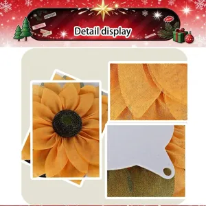 Sunflower wreath fabric detail close up, yellow mesh flower head texture display.