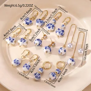 Blue and white porcelain ceramic earrings set stylish vintage chic fashion jewelry gifts