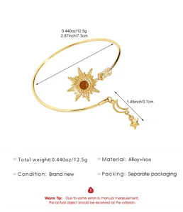 Bracciale rigido dorato lega ciondolo sole luna stella polsino aperto gioielli moda donna